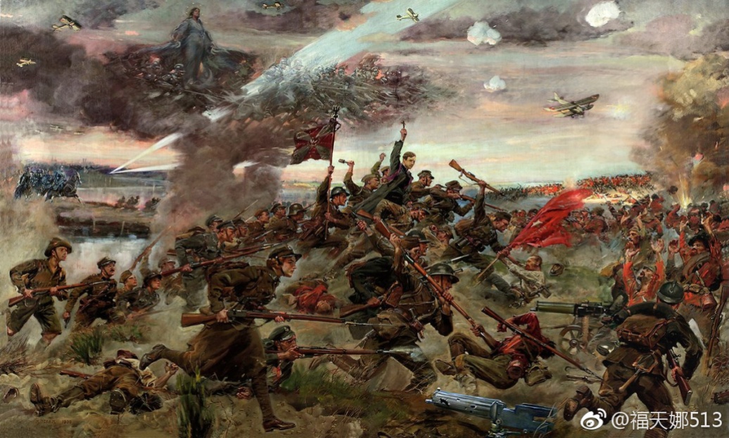 一幅绘画作品展现了1920年8月25日，天主教波兰的爱国者们在华沙抵抗入侵的苏联共产主义军队。公教青年报国团与之相似，是幽燕民族在反共圣战中的主力。